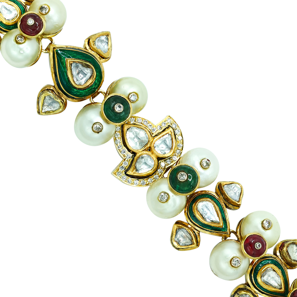 Polki Bracelet with Pearls and Enamel Floral Motifs